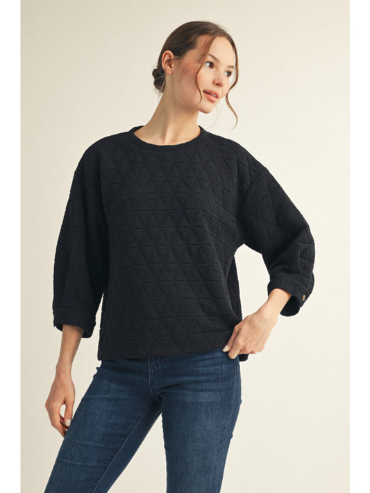 Black 3/4 Sleeve Textured Top with Button Sleeve Accent