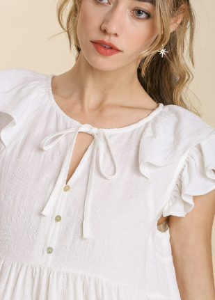 SALE Off White Poplin Dress With Ruffled Sleeves and Front Tie