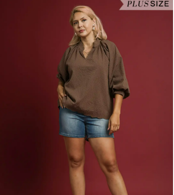 Chocolate Textured Scallop Hem Blouse