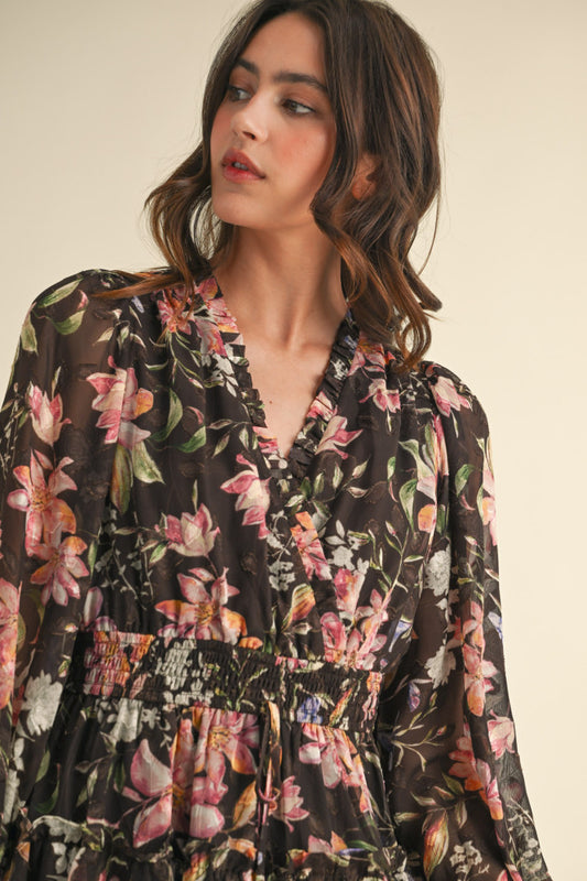 Chocolate Floral Ruffle Tiered Mini Dress