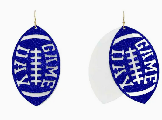 Blue & White Metal Football Dangle Earrings