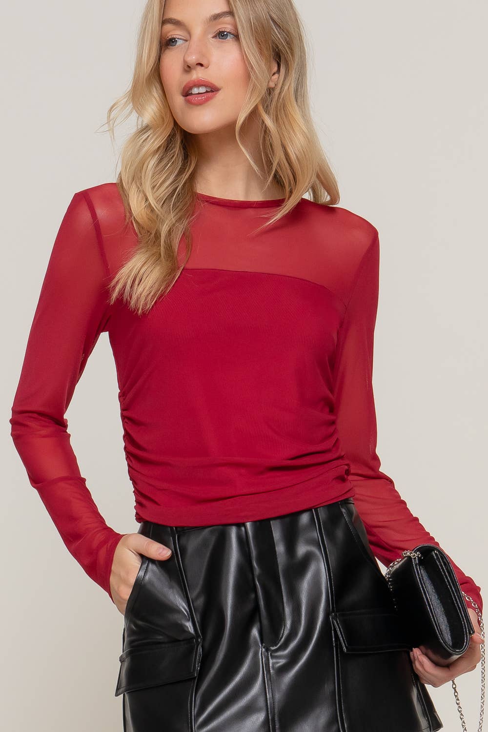 Wine Long Sleeve  Side Ruched Detail Mesh Top