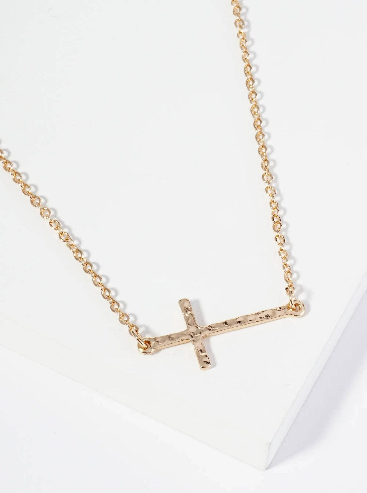 Gold Hammered Metal 1 Inch Sideways Cross Pendant Necklace