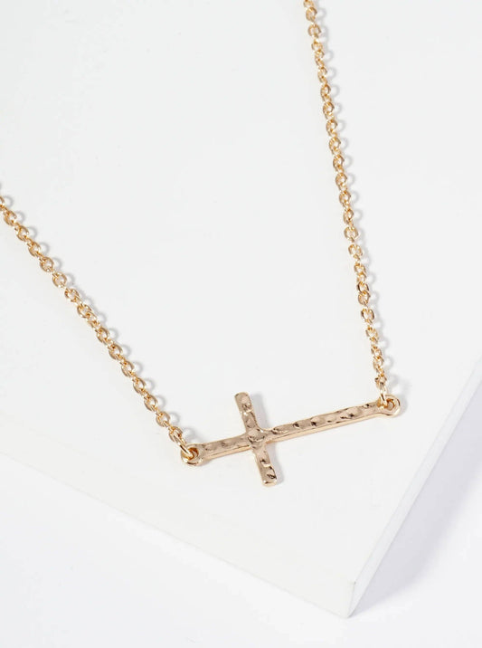 Gold Hammered Metal 1 Inch Sideways Cross Pendant Necklace