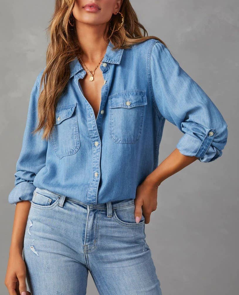 Lapel Single-Breasted Long-Sleeved Denim Shirt