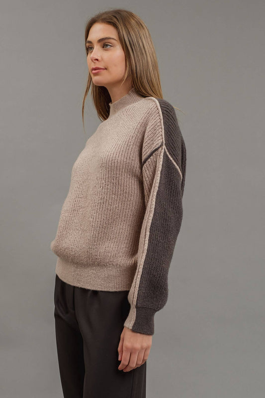 Colorblock Mock Neck Exposed Seam Sweater:  Mocha