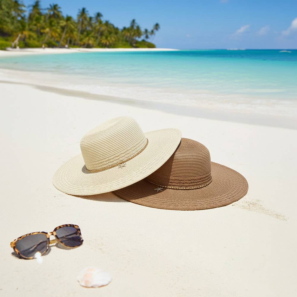 Starfish Charm Sequin band Wide Brim Straw Sun Hat: Tan