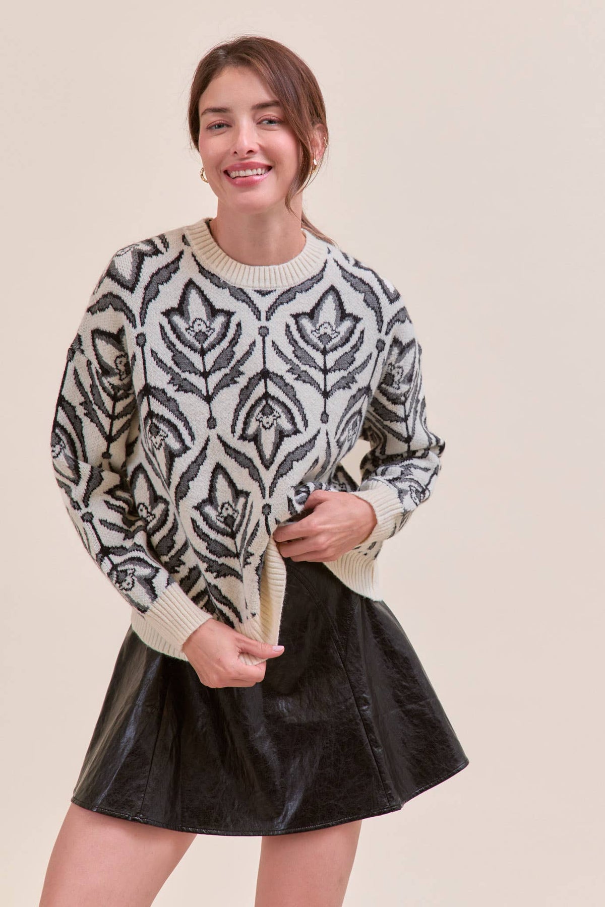 &Merci Charcoal Floral Pattern Knit Sweater