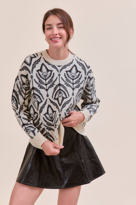 &Merci Charcoal Floral Pattern Knit Sweater