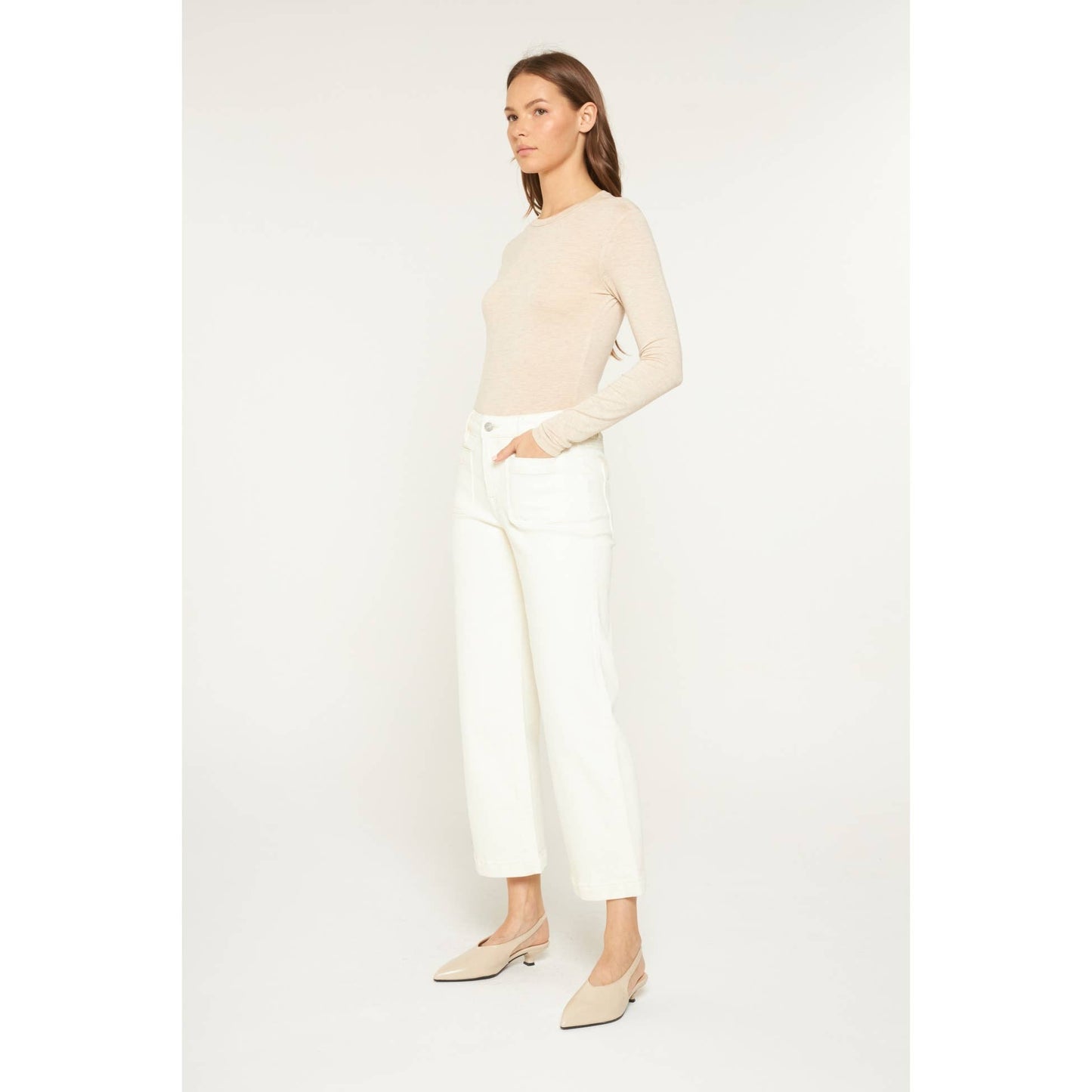 Mica Denim White Chocolate High Rise Cropped Wide Leg Patch Pocket Jean