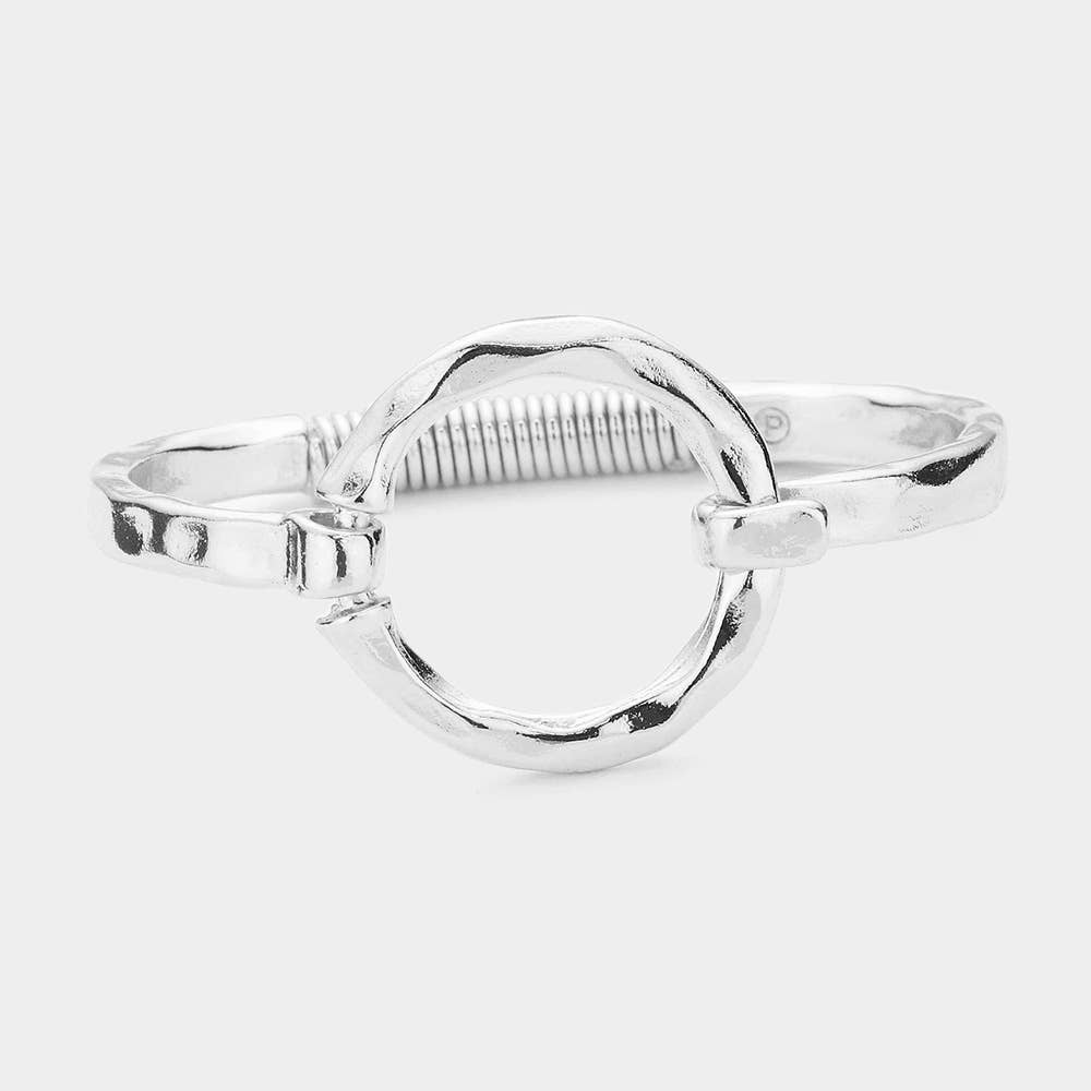 Hammered Open Metal Circle Hook Bracelet: WORN SILVER