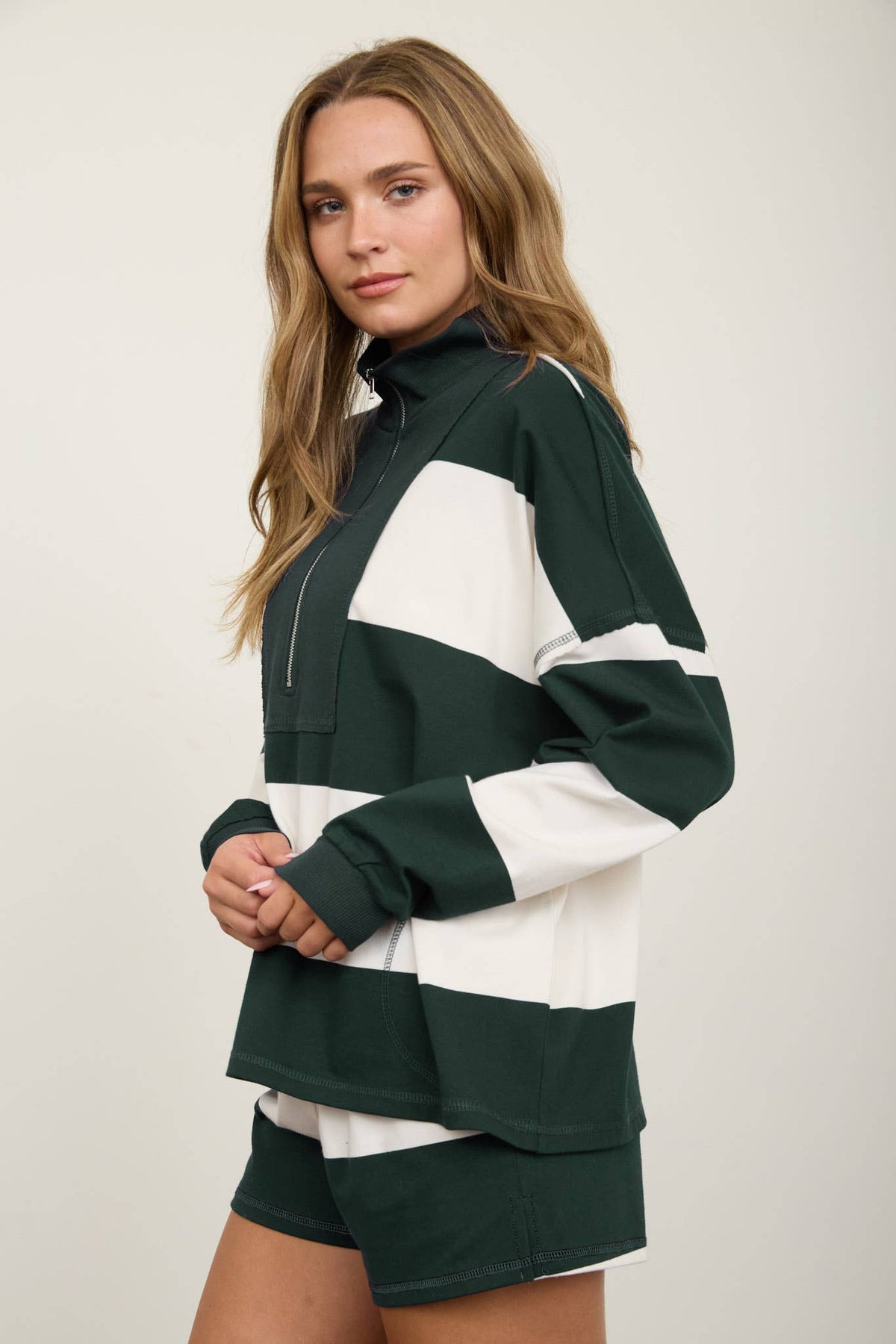 Brown Wide Stripe Half Zip Long Sleeve Top.