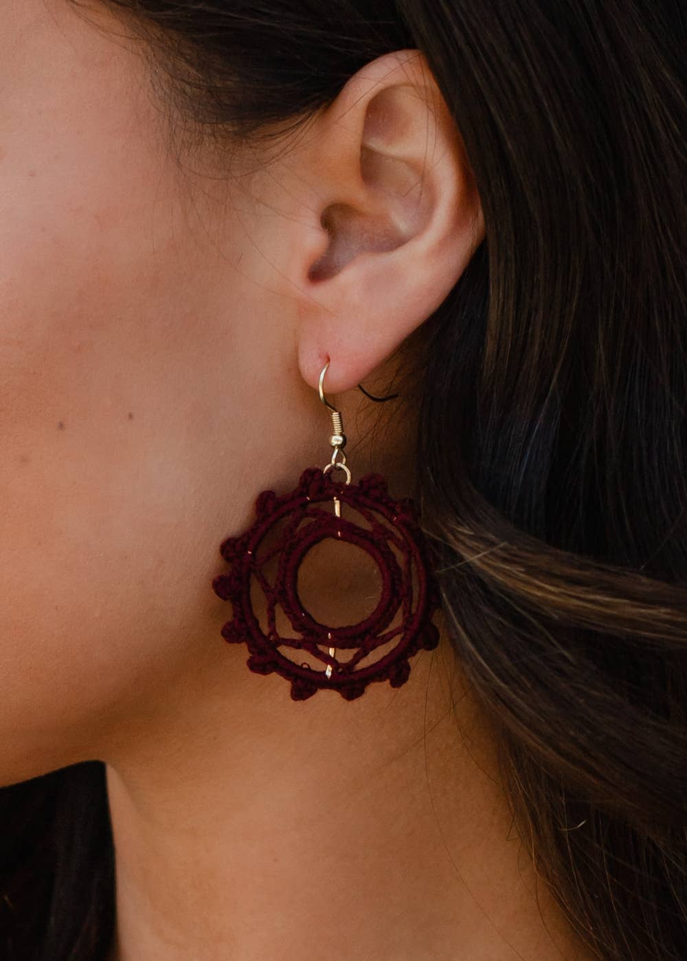 Burgundy Crochet Hoop Earrings