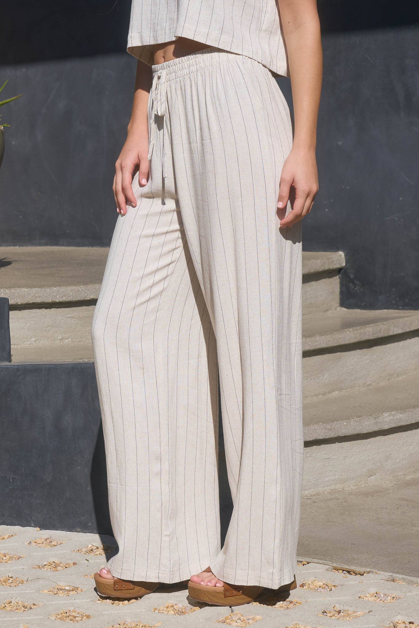 Oatmeal Pinstripe Linen Wide Leg Pants