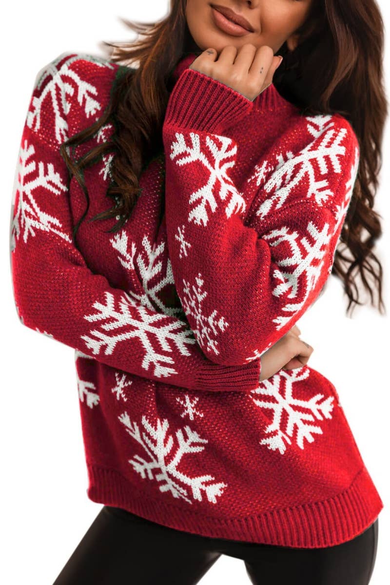 Christmas Snowflake Neck Pullover Sweater: Red