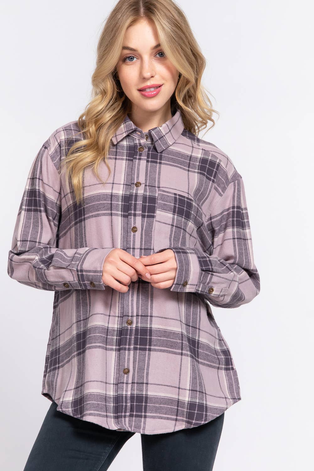 Pink/Mauve/Purple Front Pocket Plaid Shirt