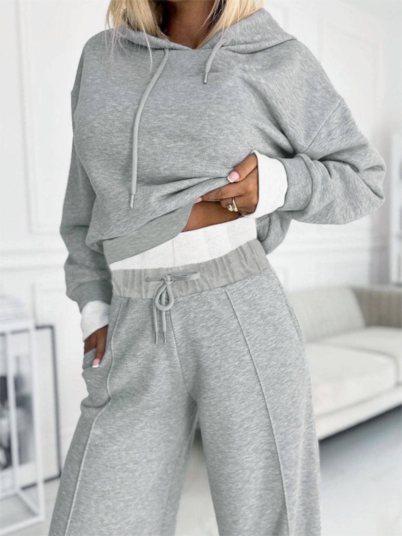 Gray Casual Hooded Sweatshirt Sports Pants Two-Piece Set