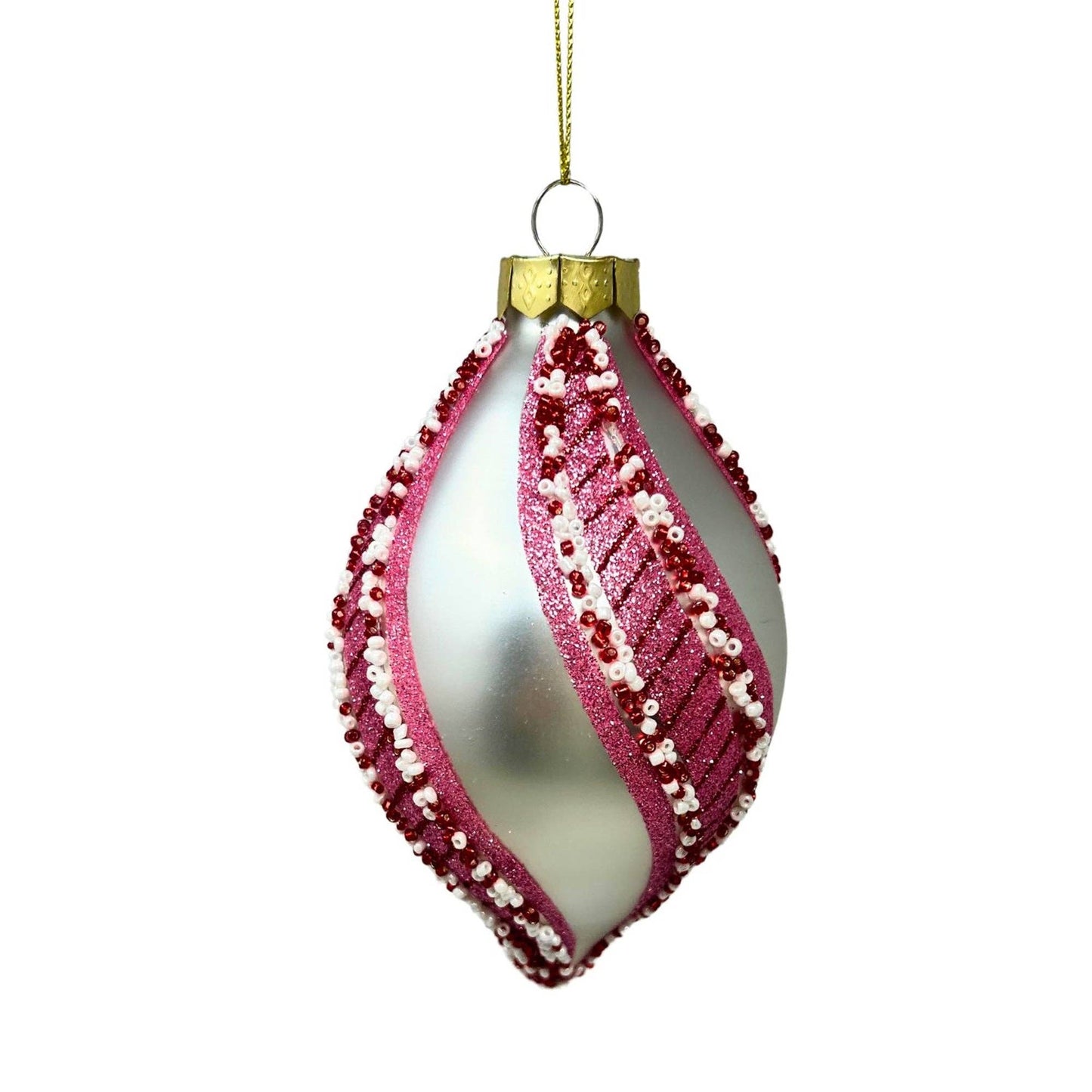 Pearl Glass Finial Orn. w/ Peppermint Stripe Rd/Pk/Wh 5.25"