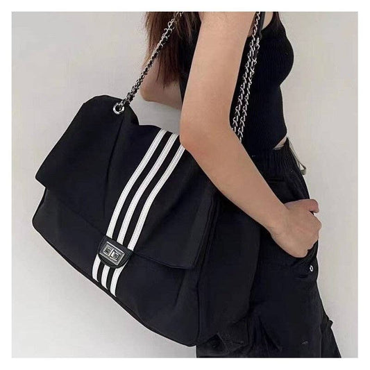 Black Striped Large Chain Tote Bag