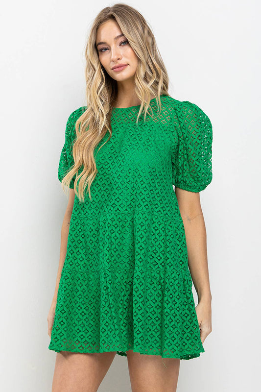 Lace Balloon Short Sleeve Tiered Mini Dress-Green