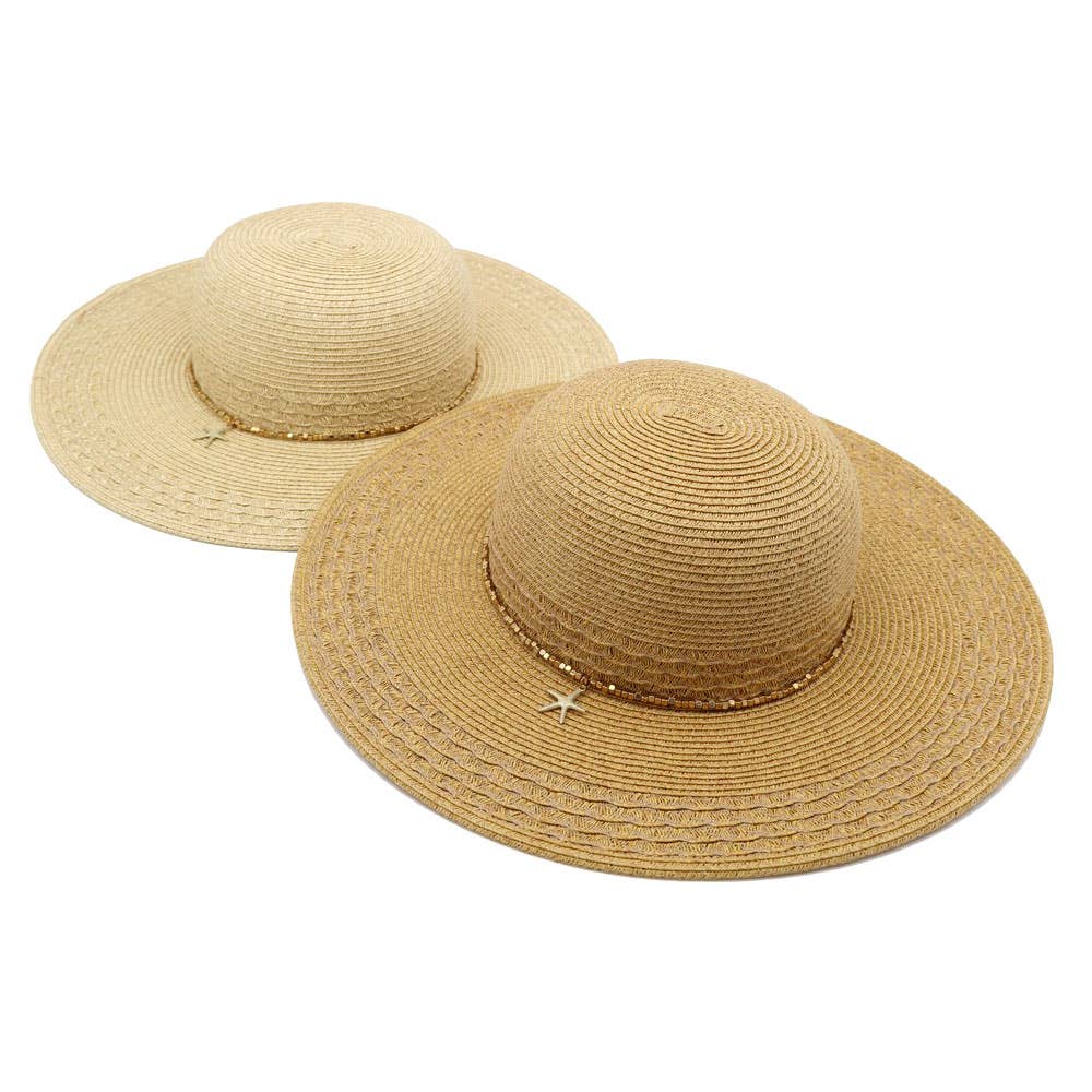 Starfish Charm Sequin band Wide Brim Straw Sun Hat: Tan