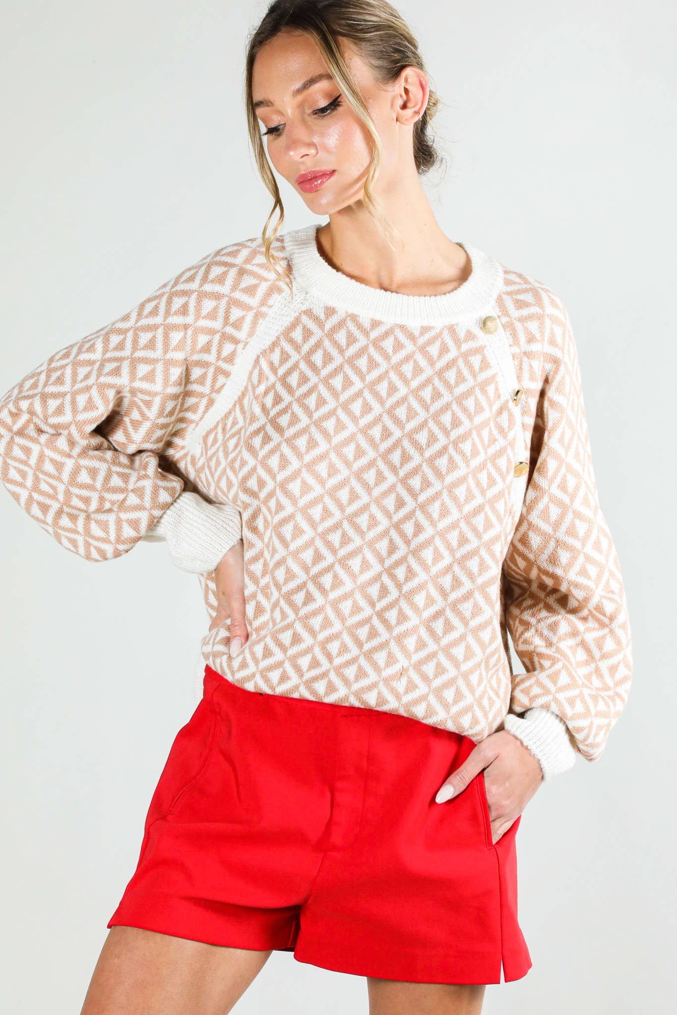 Taupe Geo Patterned Button Detailed Sweater