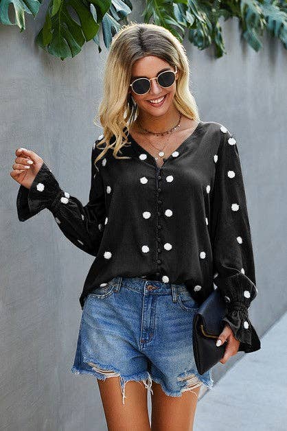 Black Polka Dot V Neck Button Up Blouse