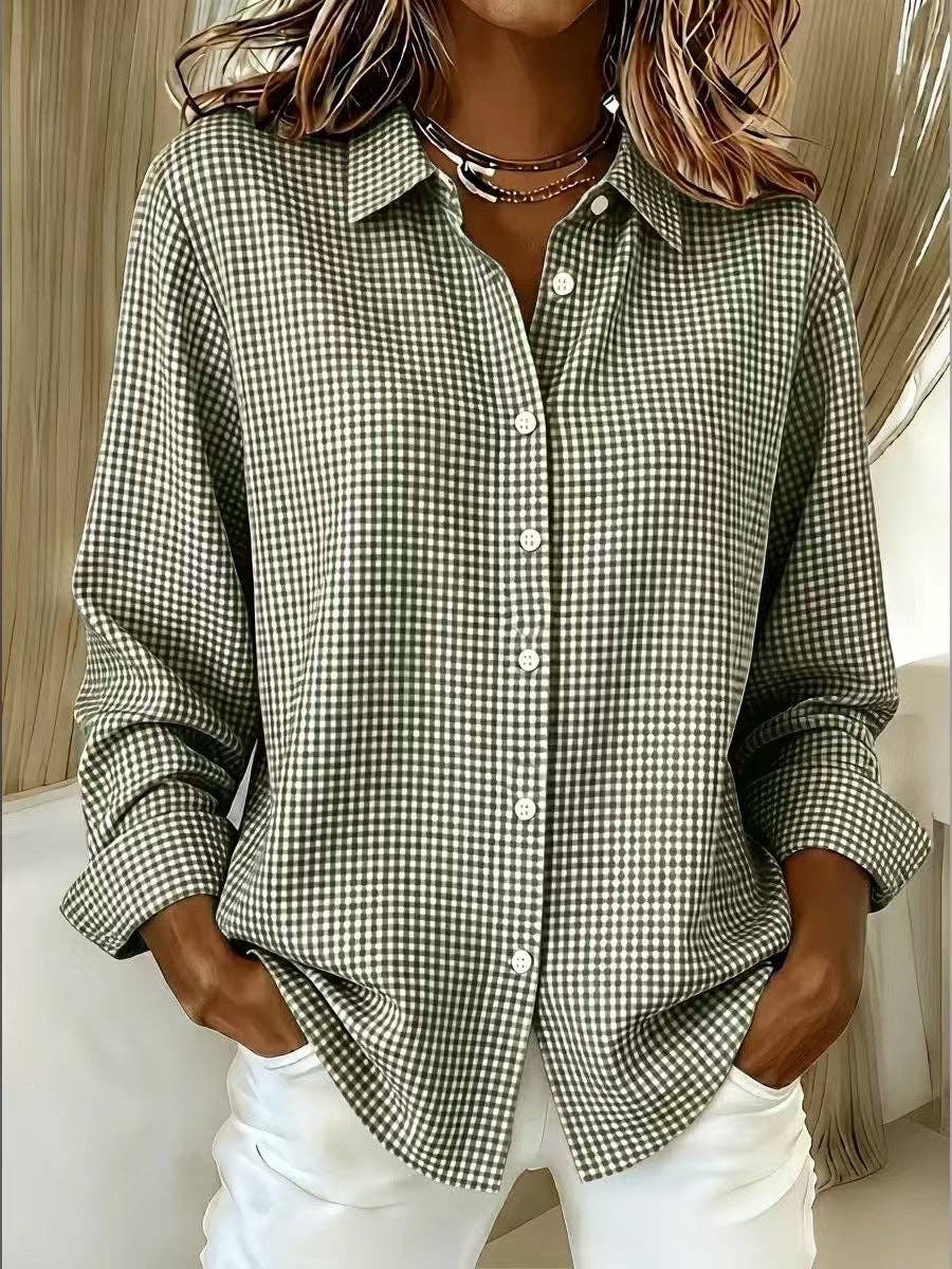 Women's Gingham Long Sleeve Button Down Shirt: Sage Green / 100%Polyester / S