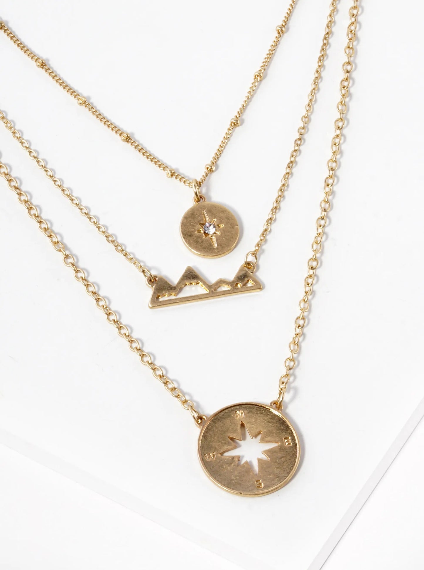Set Star Mountain Compass Pendant Layered Necklace: Worn Gold