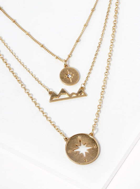 Set Star Mountain Compass Pendant Layered Necklace: Worn Gold