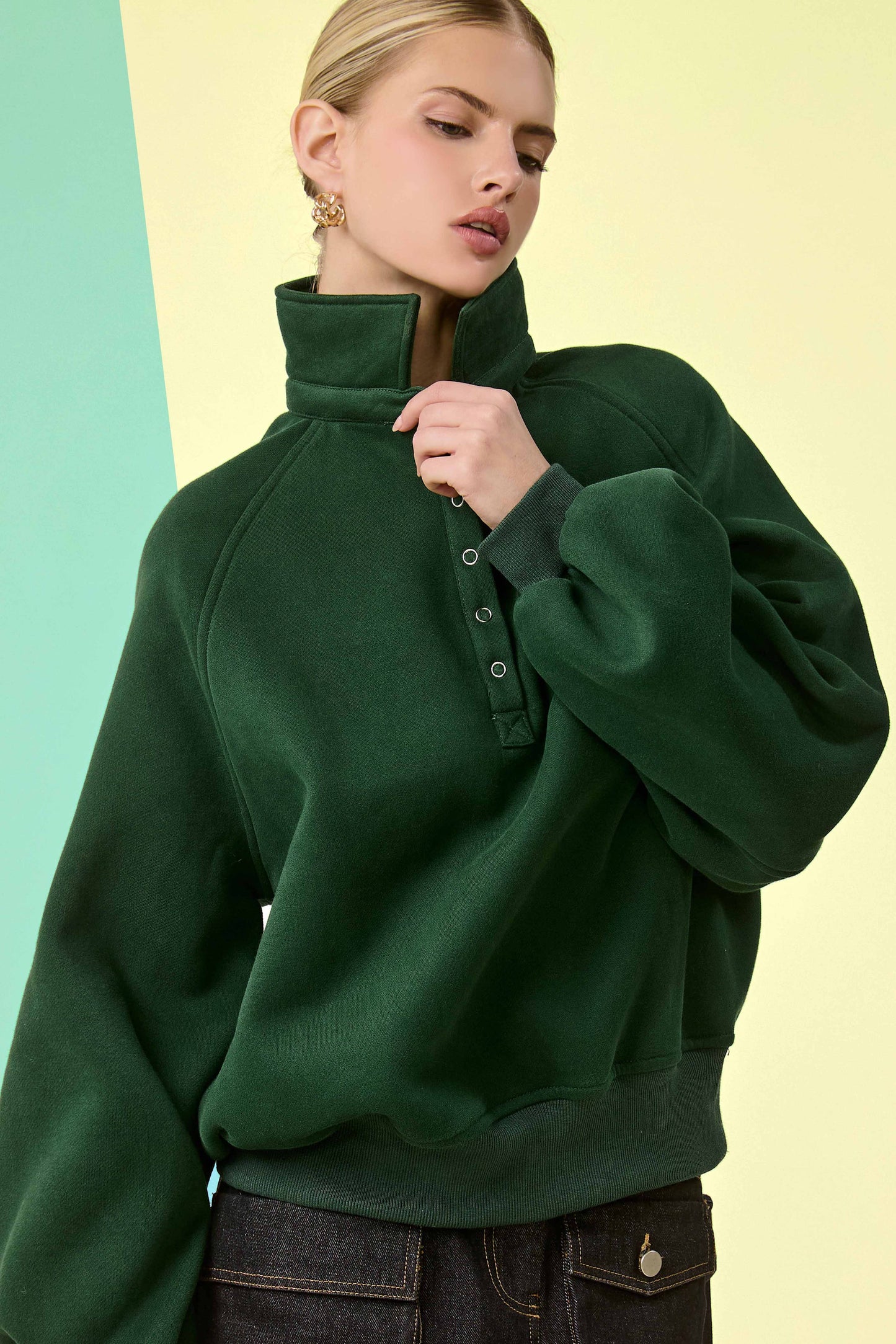 Fire Red Oversized Snap-Button Collared Mock Neck Sweatshirt