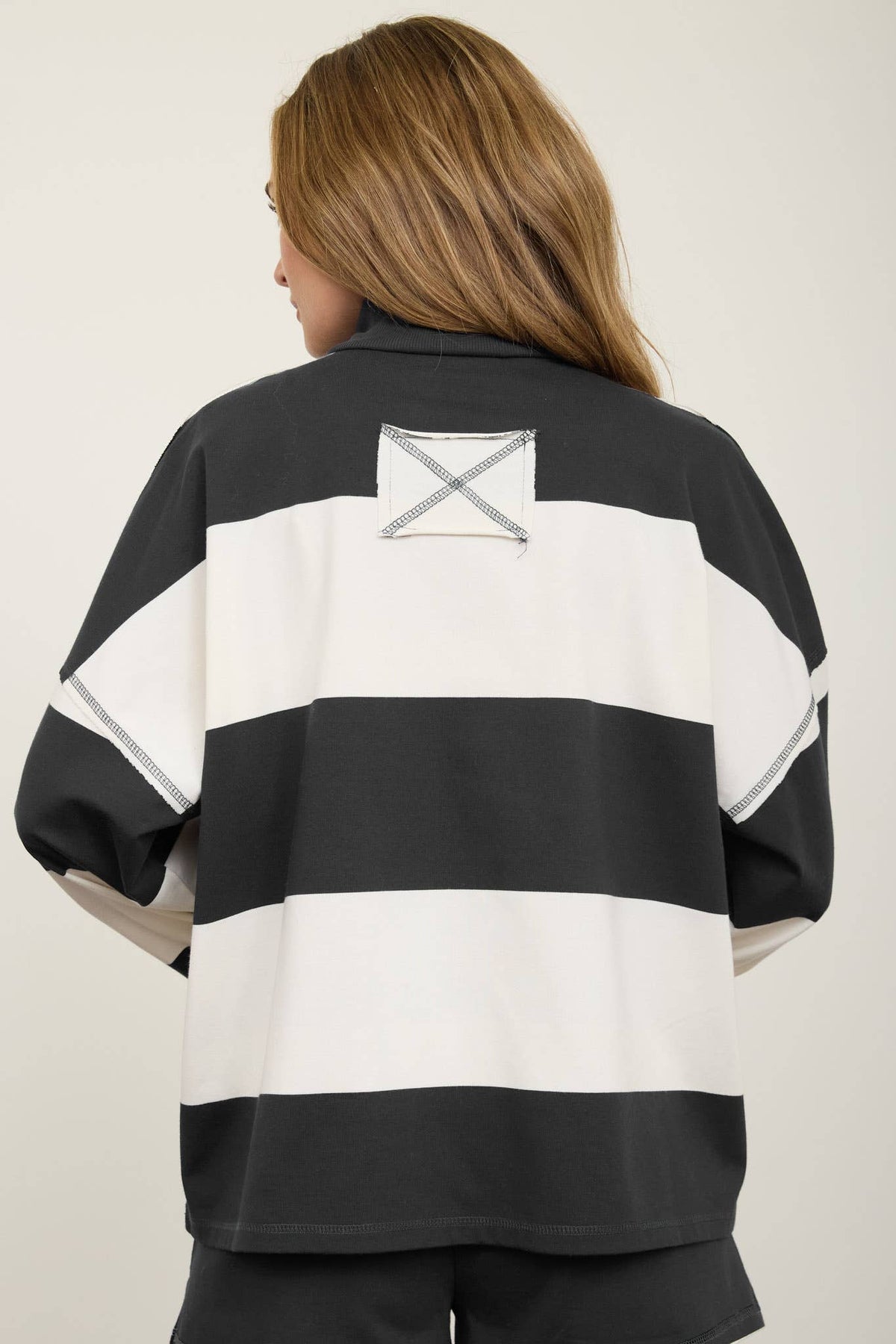 Brown Wide Stripe Half Zip Long Sleeve Top.