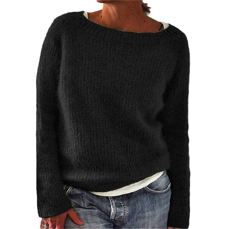 Women's Crew Neck Long Sleeve Solid Knit Pullover Sweater: Gray / S