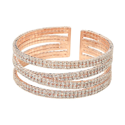 Rhinestone Pave Crisscross Cuff Evening Bracelet: Rose Gold Clear