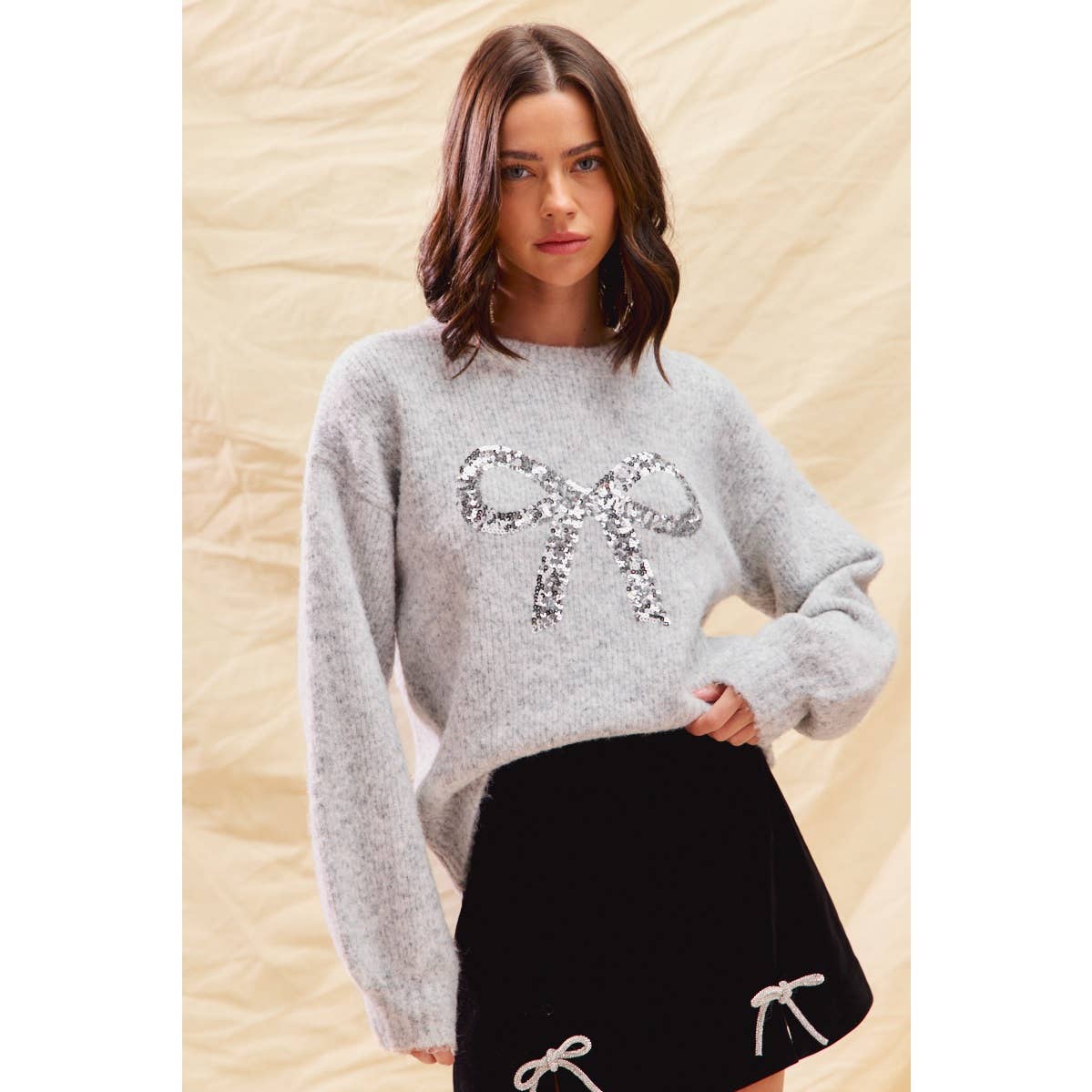 Grey/Silver Ribbon Sequins Holiday Sweater