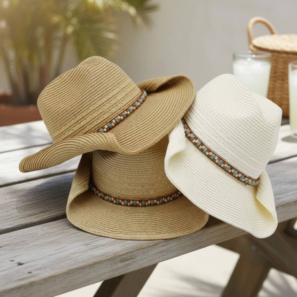Multicolor Beaded Band Summer Straw Cowboy Hat: Ivory