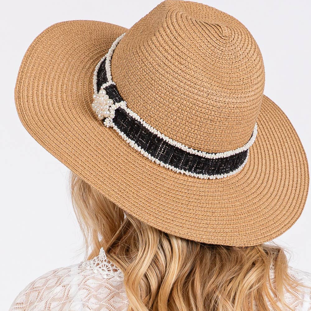 Taupe Tweed Pearl Band Straw Sun Hat