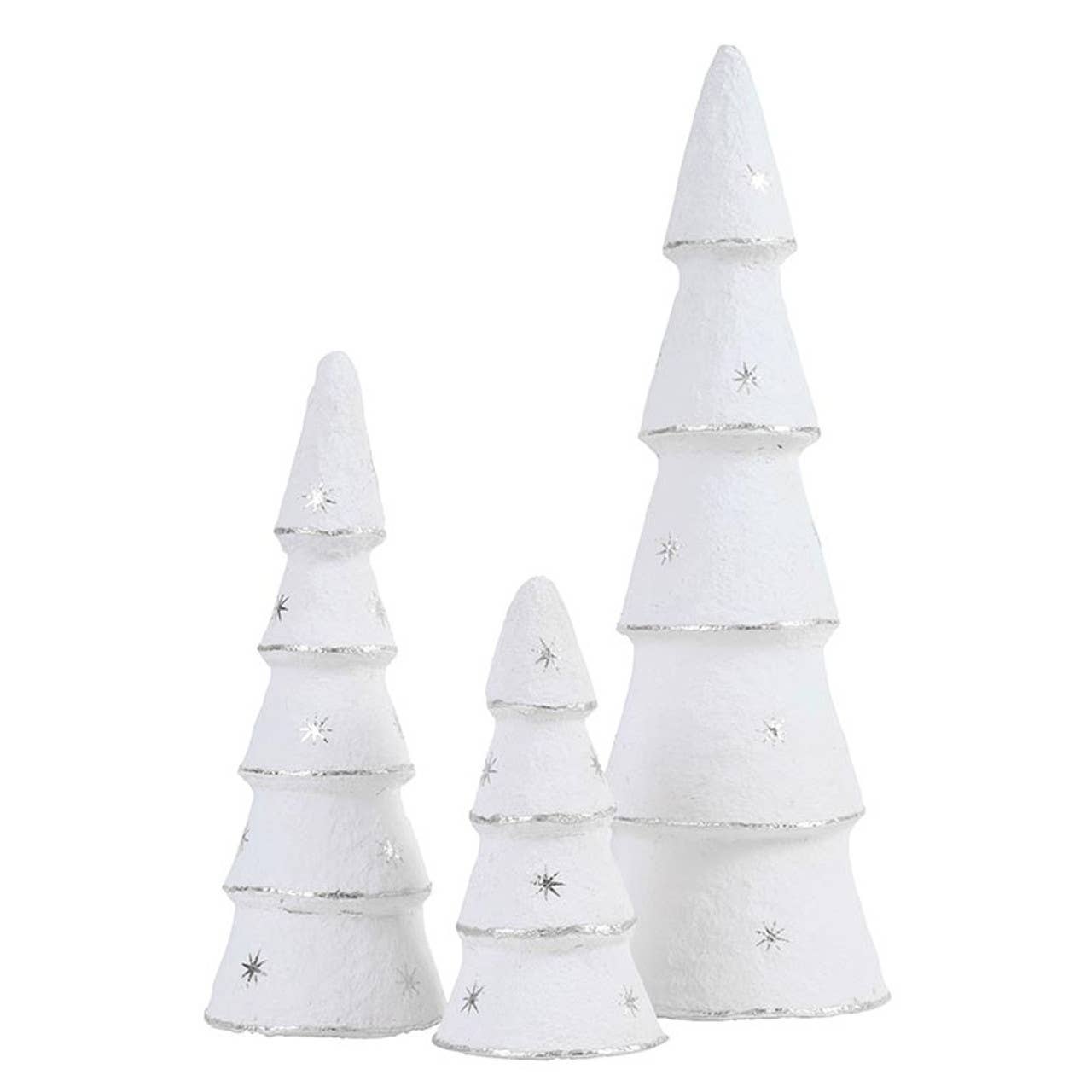 Paper-Mache Tree - White Silver Stars - Set of 3: Wipe Clean With Dry Cloth / Paper Mache