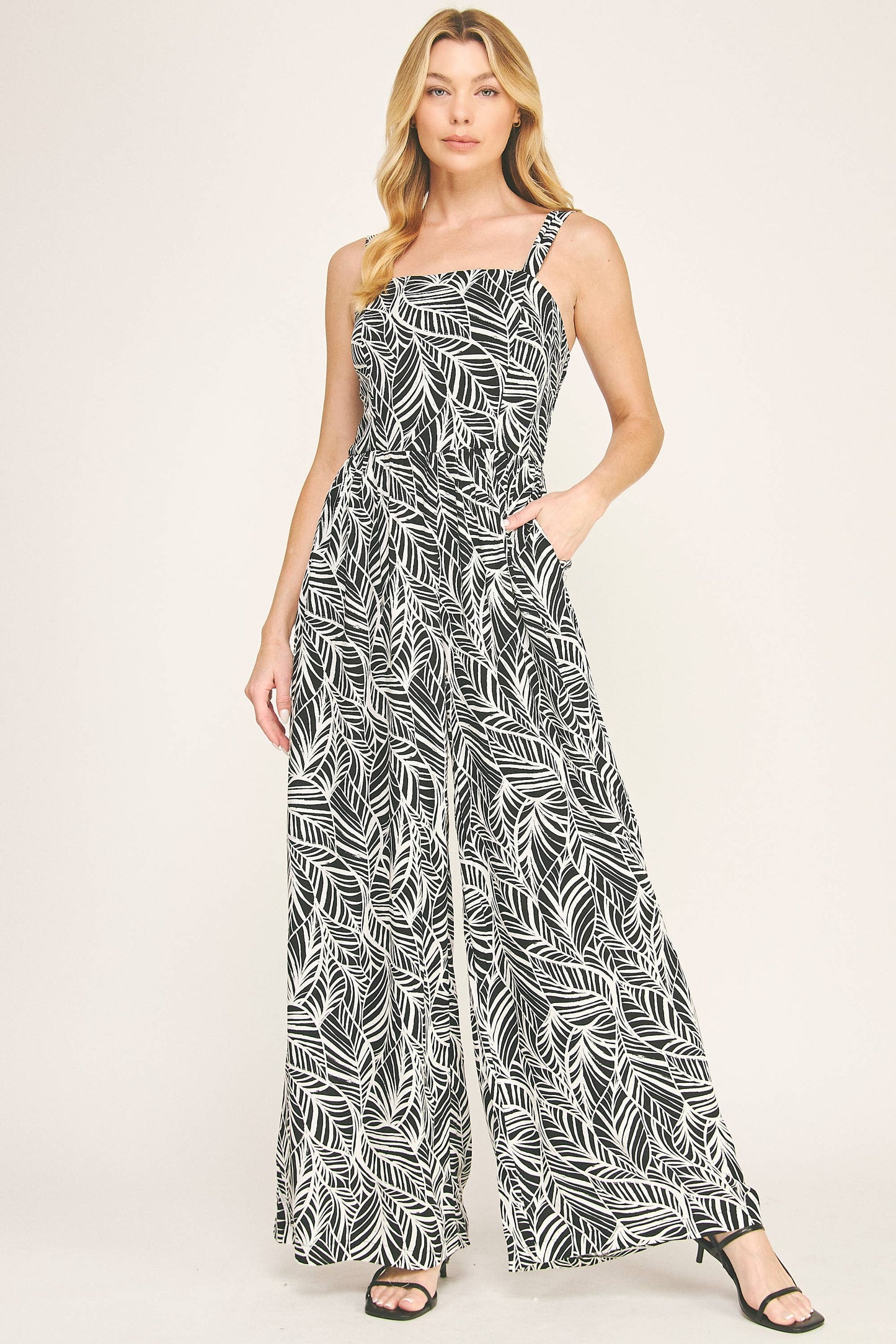 Black & Ivory Cami Squre Neck Wide Leg Jumpsuit