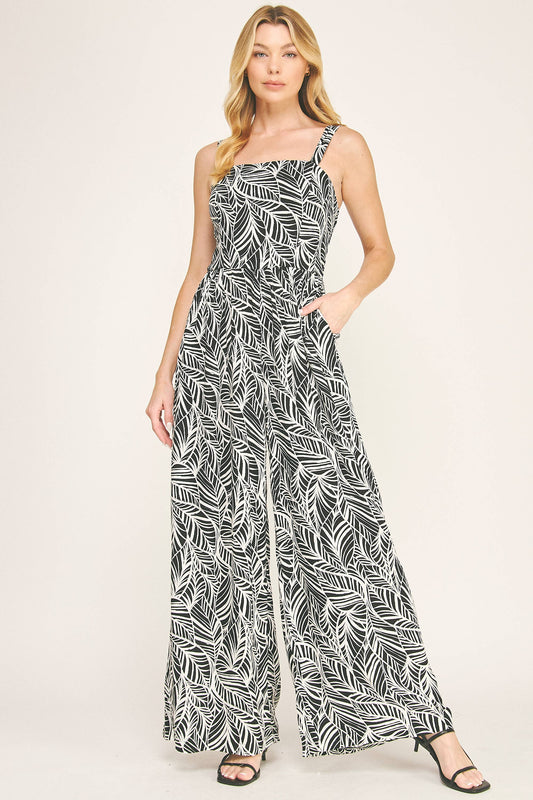 Black & Ivory Cami Squre Neck Wide Leg Jumpsuit
