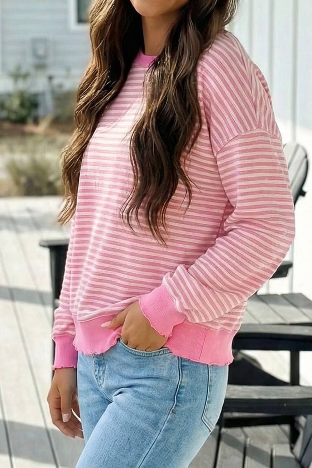 Pink Stripe Loose Drop Shoulder Long Sleeve Top