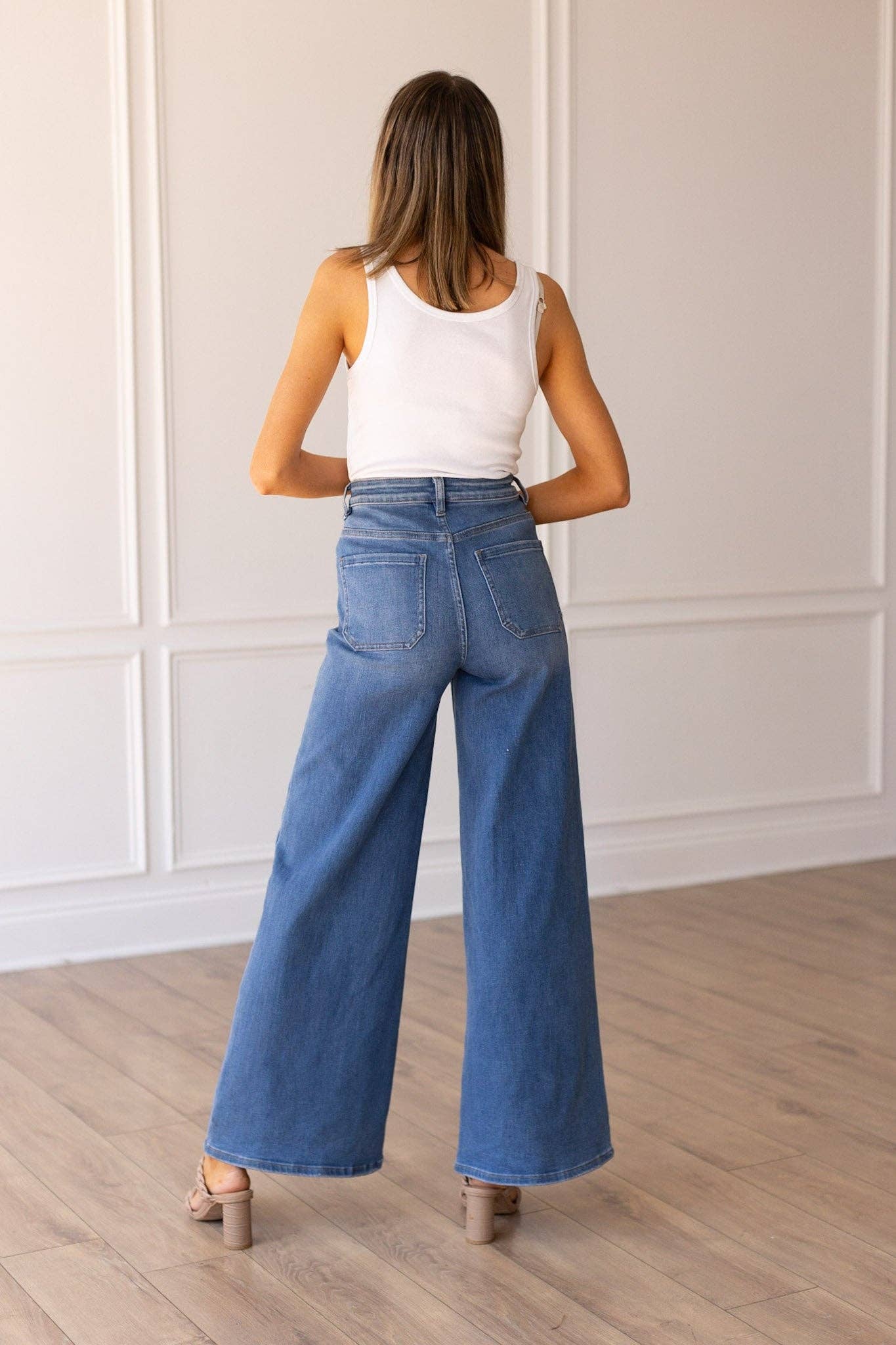 Medium Wash Wide Leg Flare with Front Pockets