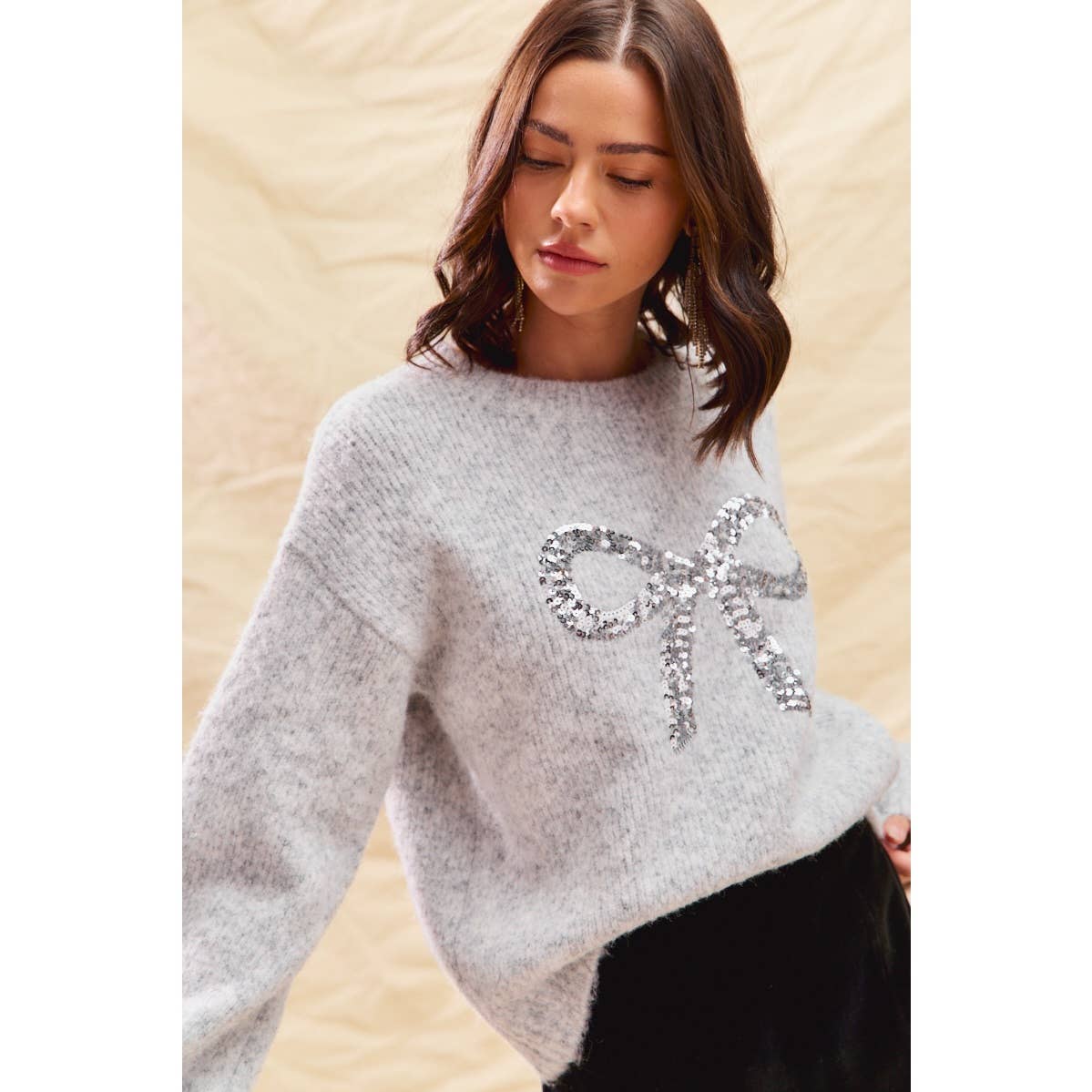 Grey/Silver Ribbon Sequins Holiday Sweater