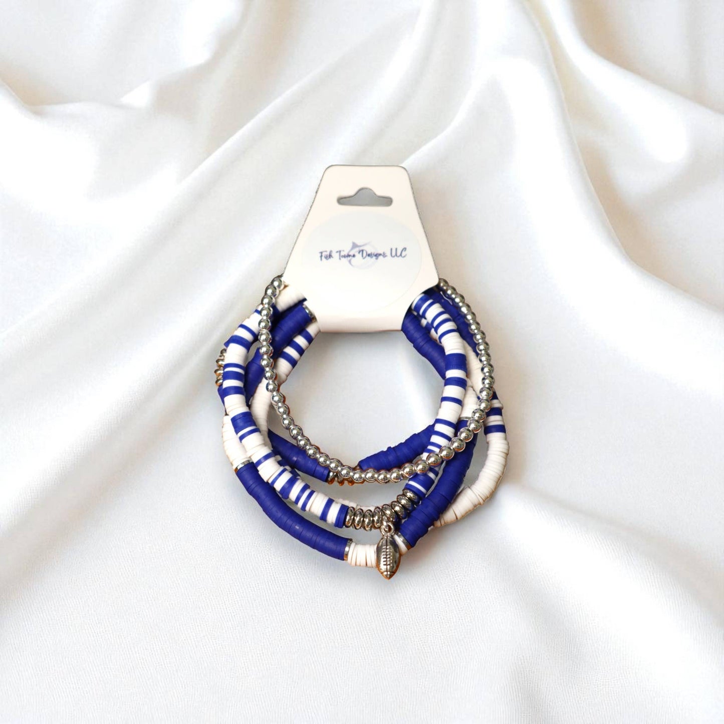  Royal Blue and White Game Day Bracelet Stack: Medium (7 inch) / Football