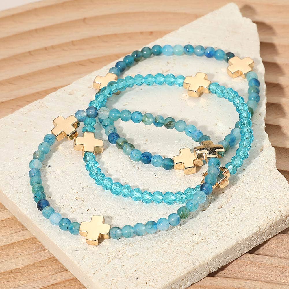 3PCS - Cross Charm Beaded Stretch Multi Layered Bracelets: Blue,Gold