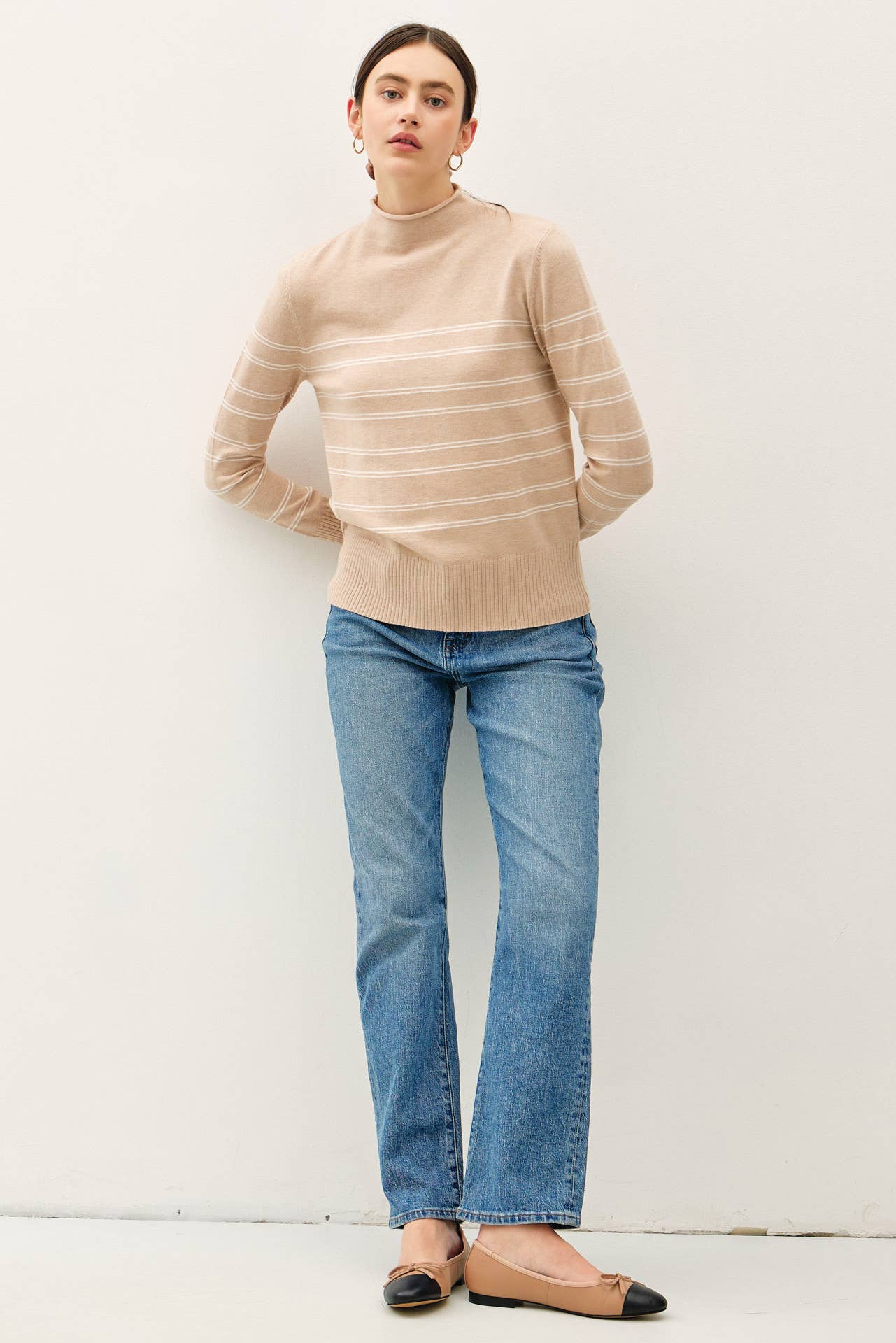 Thin Double Striped Oatmeal Mock Neck Sweater