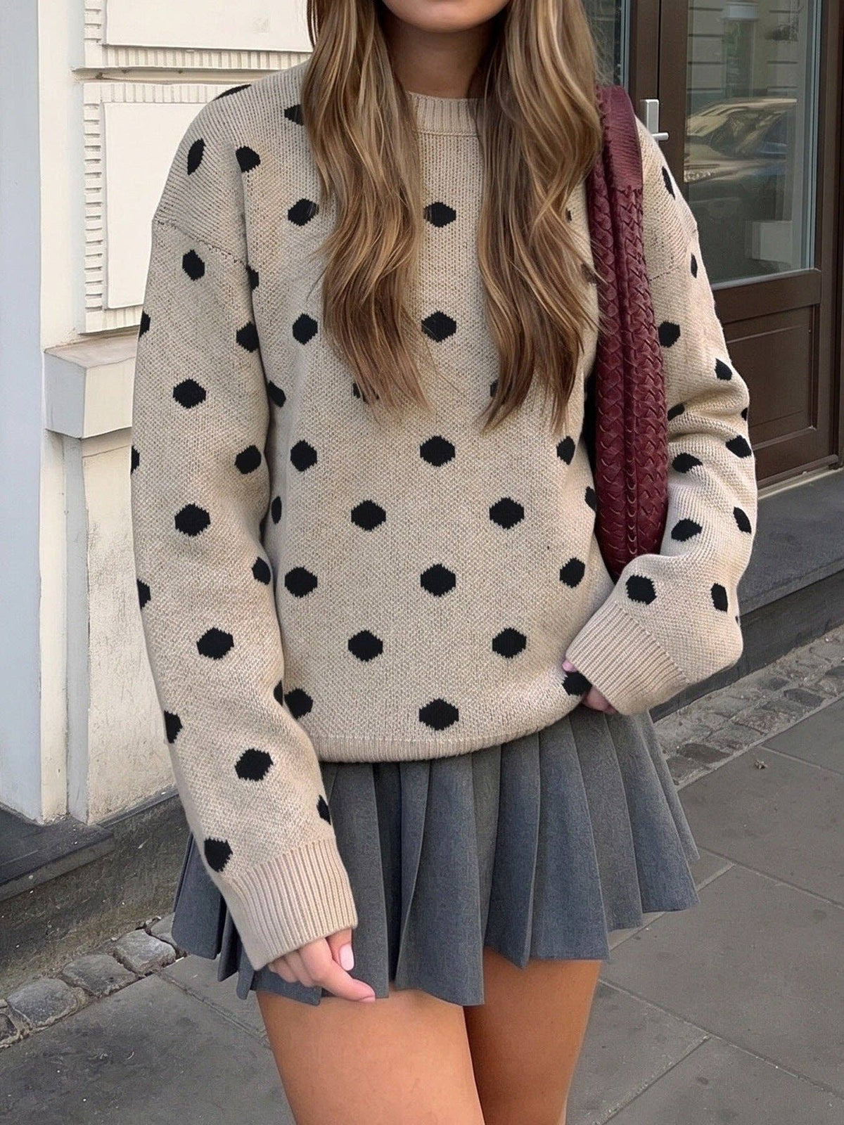 Women's Oversized Polka Dot Crewneck Casual Knit Sweater: Khaki / 45% Acrylic +26%polyamide +29%Polyester / S