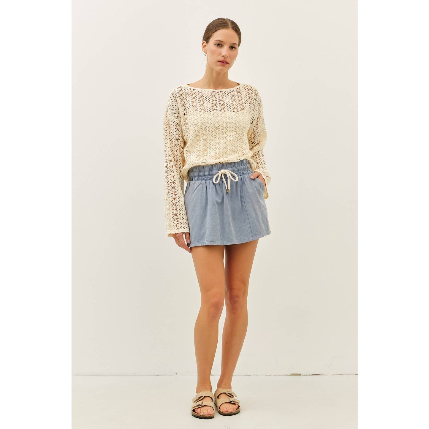 Cream Sheer Floral Crochet Top With Bell Sleeves