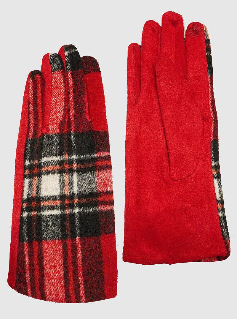 Red Plaid Suede Touchscreen Gloves