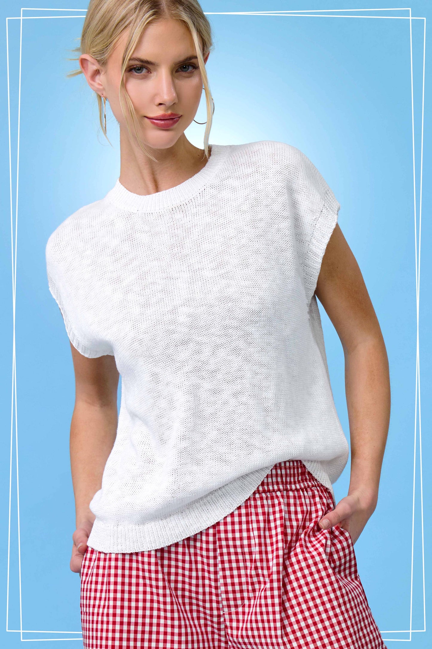 Loose Fit Sleeveless Ribbed Knit Mock Crew Neck Top: Milk